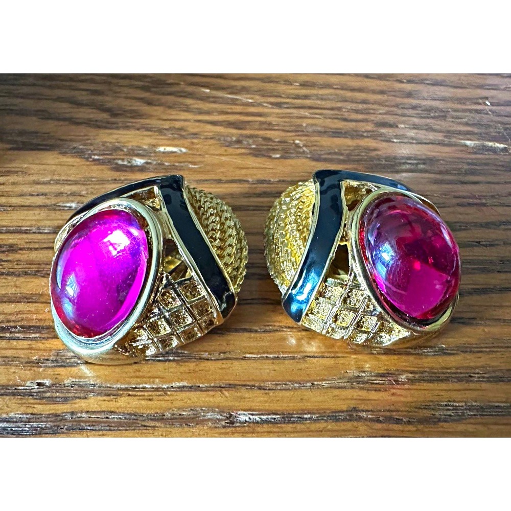 Vintage 1980s Clip-On Earrings – Gold-Tone, Black Enamel & Magenta Poured Glass